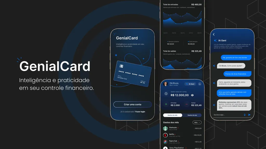 Telas do app GenialCard: boas-vindas, gráficos de entradas e saídas, gastos do mês e chat com a IA Geni