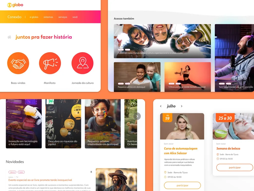 Interfaces da comunidade Juntos pra fazer história na intranet da Globo