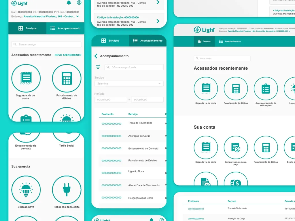 Telas mobile e desktop do portal Credenciados Light com serviços e acompanhamento